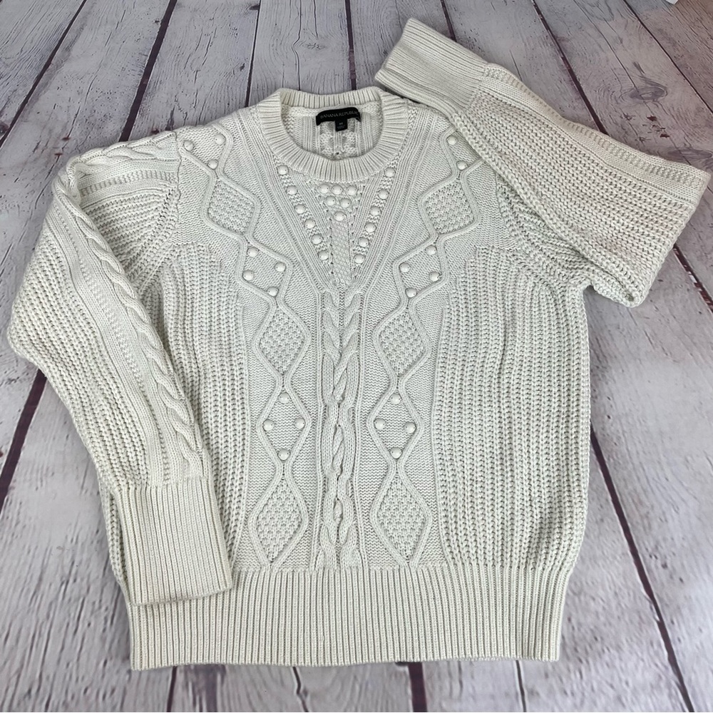 Banana Republic Cable Knit Pearl Wool Blend Ski Sweater Size Medium Cream - Picture 12 of 12